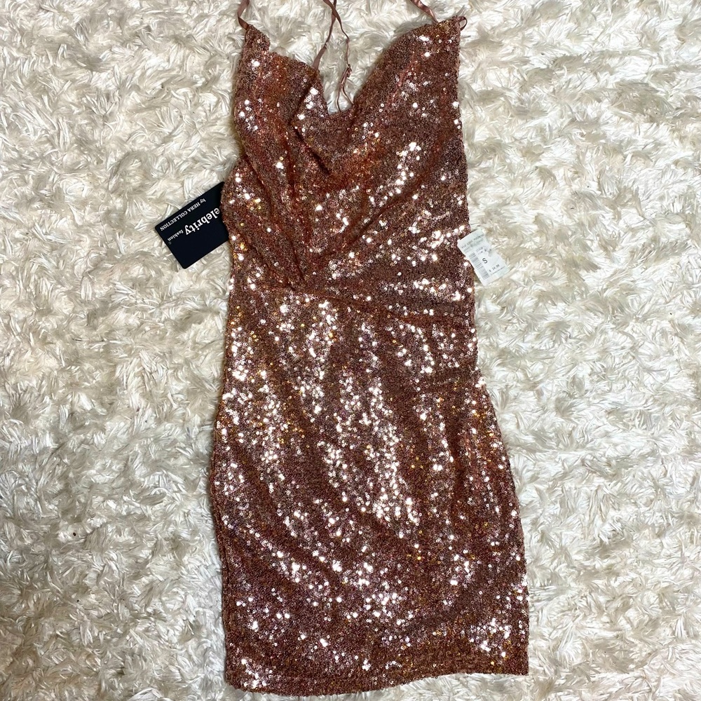 Drape Neck Pink Sequin Dress